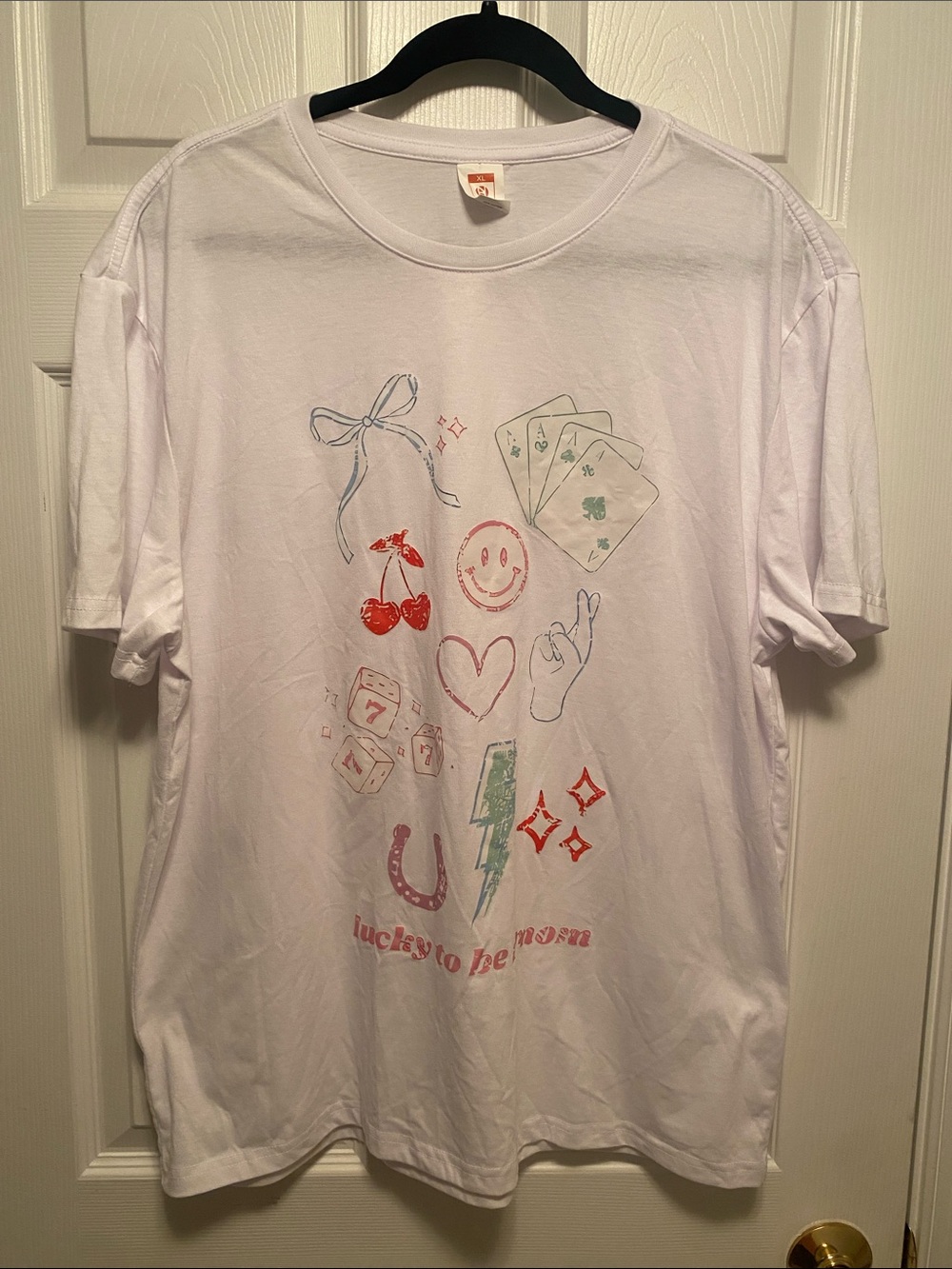 Leehanton  White Graphic Tee with Lucky Symbols…size XL